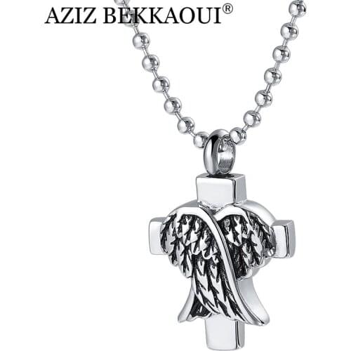 AZIZ BEKKAOUI Engrave Name Cross Pendant Necklaces Men Stainless Steel Wings Memorial Keepsake Pendant Necklace Perfume Bottle