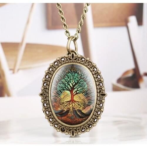 Bronze Lady Quartz Pocket Watch Novelty Tree Display Necklace Watch Vintage Fashion Jewelry Clock Gifts Men Women with Chain