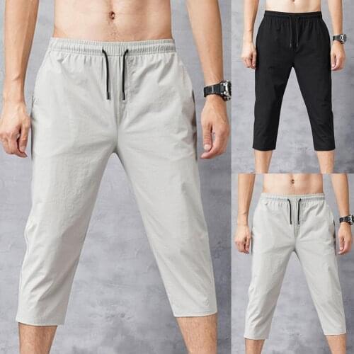 Men Sports Pants Quick Dry Solid Color Capri Pants Elastic Waist Men Drawstring 3/4 Length Stretchy Cropped Trousers Sweatpants