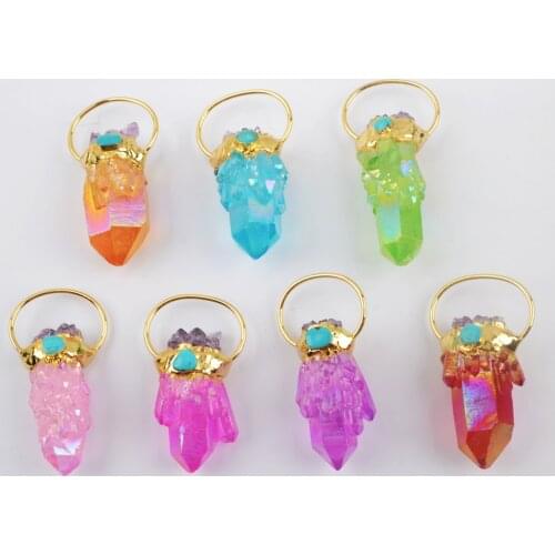 Healing Crystal Pendants Titanium AB Druzy Quartz Point Stone Beads With Amethysts Turquoises Pendant For Women Necklace G1944