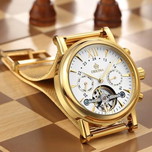 ORKINA Gold Mens Watches Brand Luxury Fashion Tourbillon Automatic Mechanical Watch Men Stainless Steel watch Relogio Masculino