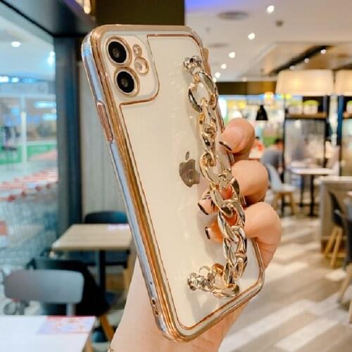 Plating Bumper Bracelet Phone Case For iPhone 11 12 Pro X XR XS Max 7 8 Plus SE2 Gold Wrist Chain Clear Camera Protection Covers