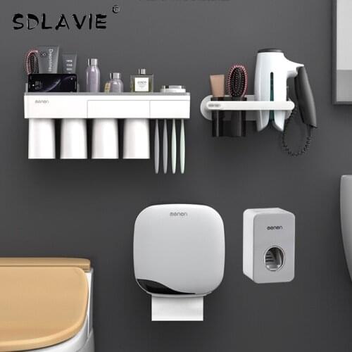 Toilet Paper Holder Shelf Toothpaste Dispenser Toothbrush Holder Tissue Box Hair Dryer Holder For Set Bathroom Accessories