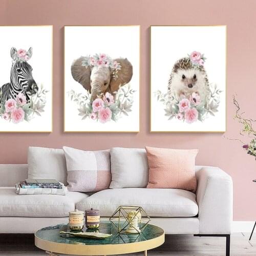Baby Animal Poster Zebra Tiger Lion with Flower Nursery Art Print Canvas Painting Decorative Picture Kid Bedroom Wall Decoration