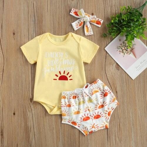 3pcs Newborn Baby Girl Rompers Letter Print Short Sleeve Jumpsuits + Shorts + Headwear Infant Toddler Children Summer Outwear