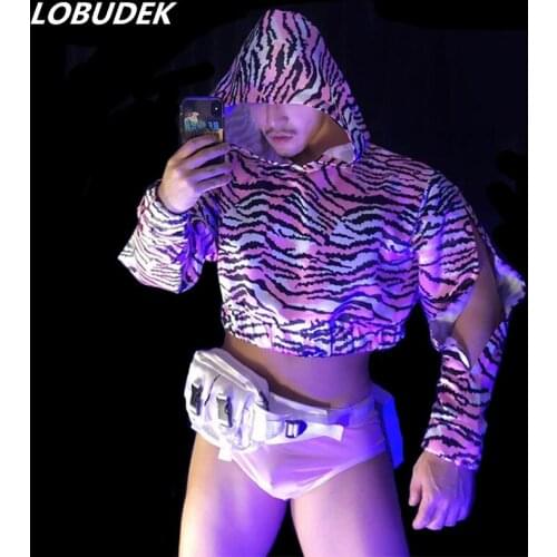 Bar Nightclub Male DJ Dancer Hip Hop Dance Costume Pink Leopard Hooded Tops Shorts Outfit Dancer Groups DS Performance Clothes