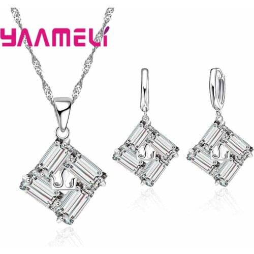 Modern 925 Sterling Silver Jewelry Set CZ Crystal Square Pendant Necklace Earring Set for Women Birthday Gifts