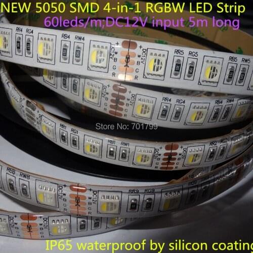 NEW 5050 SMD 4-in-1 RGBW(6500K) LED Strip;60leds/m;DC12V input 5m long;IP65;waterproof in silicon coating;WHITE PCB