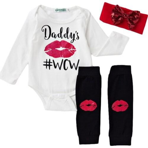 Baby Boys Girl Clothes Sets Long Sleeve Bodysuit Daddys WCW Romper Striped Leggings Warmer Bow Hairband 3pcs Kids Clothing Suit