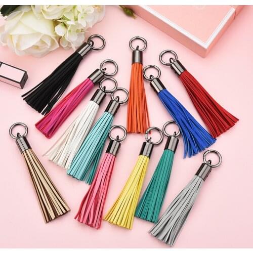 New Fashion Leather Tassel Key Chain Women Cute Gun Black KeyChain Bag Accessory PU Leathe Car Key Ring Fringe Jewelry