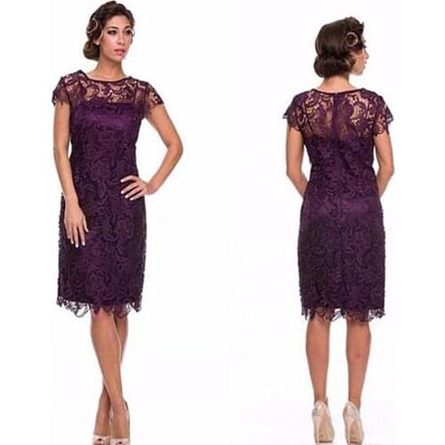Charming On Sale Eggplant Lace Mother of the Bride Dresses Knee Length Cap Sleeves Jewel Neck Wedding Party Gowns Short 2021