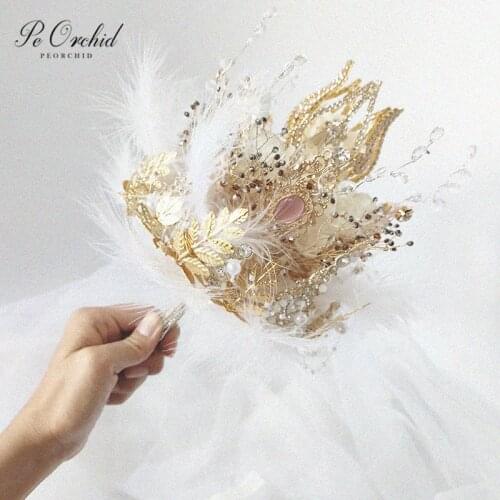 PEORCHID 2020 Scepter Crown Luxury Wedding Bouquet Brooch Jewelry Gold Leaf Feather Bridal Hand Holding flowers Custom 2020