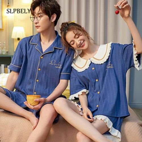 SLPBELY Couple Pajamas Set Summer Femme Male Pyjamas With Shorts Cotton Cartoon Bear Lapel Men Women Sleepwear Lover Homewear