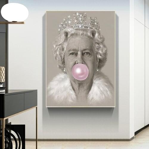 Elizabeth II Portrait Canvas Painting Bubblegum Queen Posters and Print Cuadros Blowing Bubbles Wall Art Picture for Living Room