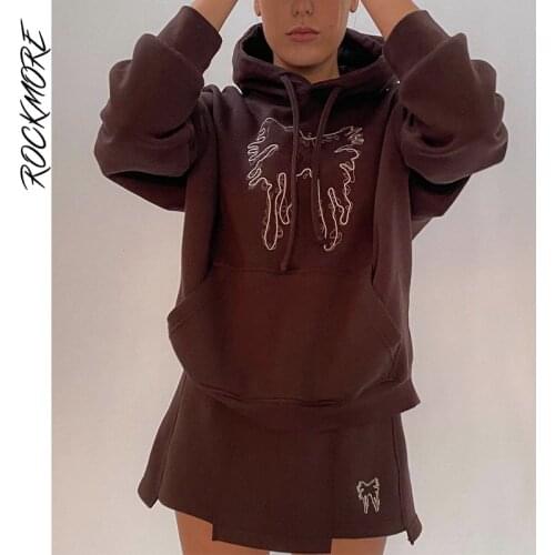 Rockmore Embroidery Hoodies WomenS Oversized Sweatshirts y2k Streetwear Pockets Hooded Pullovers Femme Autumn Loose Top Grunge