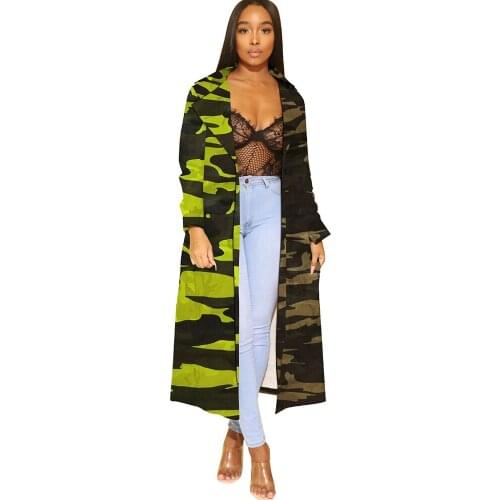 Camouflage Print Denim Trench Coat for Women Autumn Winter Loose Long Coat Jeans Jacket Overcoats Windbreaker Outwear Ropa Mujer