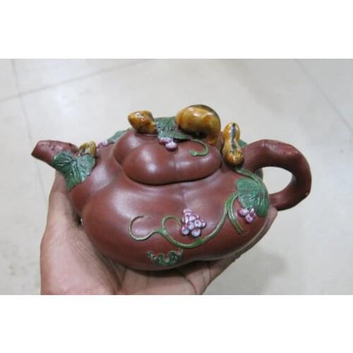 Old Chinese Handcraft Enameled YiXing Purple Clay (yellow stoneware) Teapot , Squirrel eating grapes,with mark,Free shipping