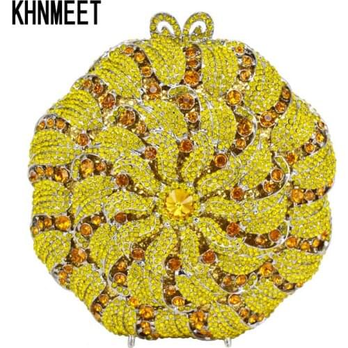 Yellow Luxury Evening Clutch Bag Diamond Crystal Clutches Party Purse for Prom Ladies Round Wedding Bridal Bling Banquet Bag 178