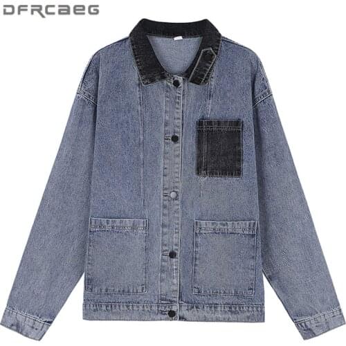 Vintage Patchwork Denim Womens Jackets 2021 Spring Long Sleeve Streetwear Loose Ladies Coat Jeans BF Style Outwear