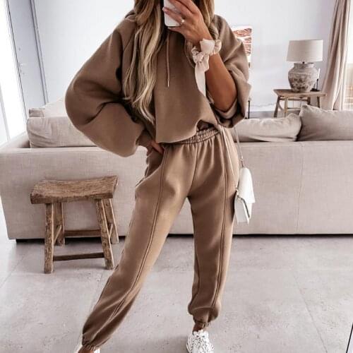 Women Pant Sets Solid Color Outfit Ankle Banded Two Piece Hooded Casual Sweatshirt Pockets Pants Set Sports Streetwear