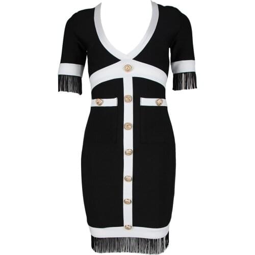 2021 New Women Dress Bandage Sexy V Neck Tassel Bodycon Dresses Short Sleeve Button Party Club Celebrity Summer Clothes