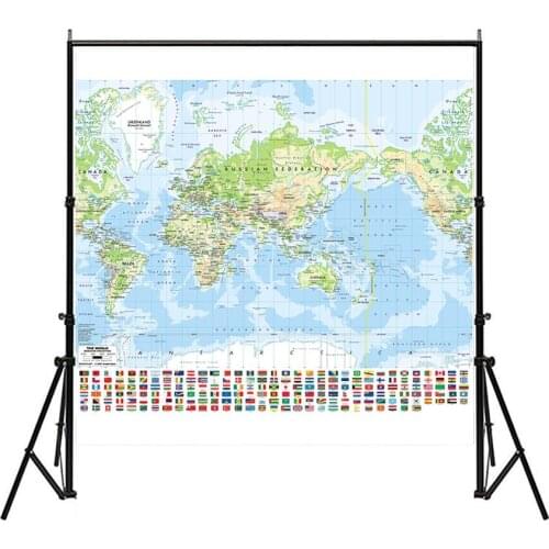150x150cm Non-woven Spray Map Mercator Projection World Map with National Flag For Culture and Education