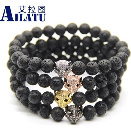 Ailatu 8mm Black Energy Lava Stone Beads with Micro Pave CZ Leopard Men Jewelry Bracelet Animal Shape