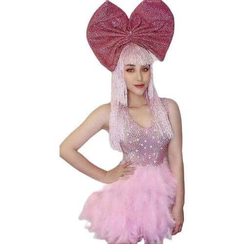 Shining Diamond Pink Feather Women Dresses Red Big Bow-Knot Headwear Birthday Celebrity Outfit DJ Singer Dance Stage Wear