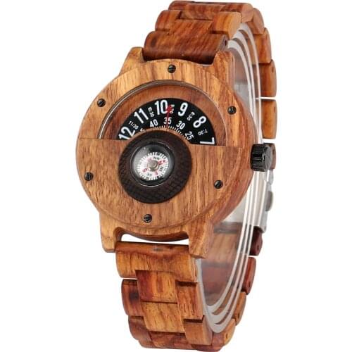 Brown Quartz Wooden Watch for Men Turntable Dial with Compass Wood Clock Practical Wooden Band Wristwatch reloj para hombre