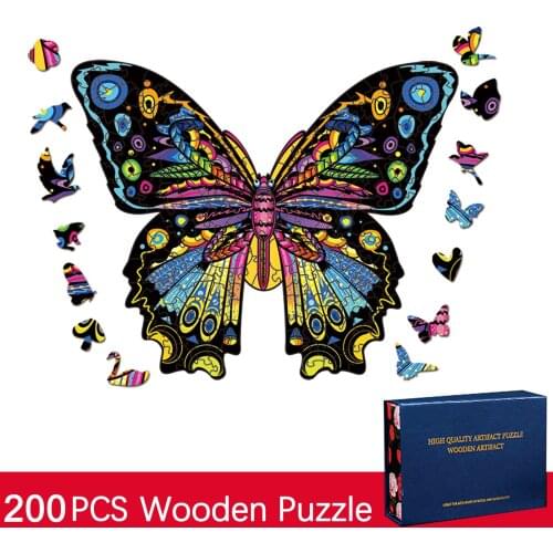 Wooden Jigsaw Puzzle Butterfly Animal Wooden Puzzle Unique Shape Pieces Gift For Adult Kids 200 Pieces puzzle en bois animaux W