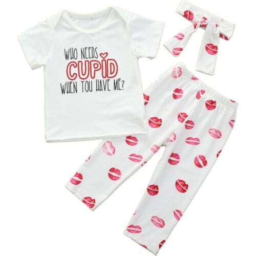 2020 Valentines Day Kids Baby Girl Clothes Short Sleeve Letter Tops+Lips Print Pants Leggings 2pcs Outfits