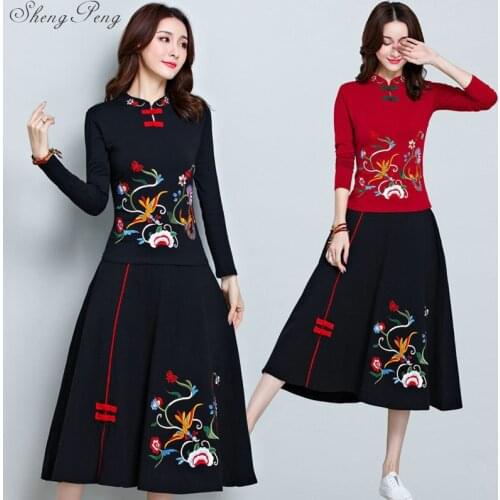 Chinese oriental women two piece set spring fall pantsuit women vintage floral print elegant ladies skirt suit Q458