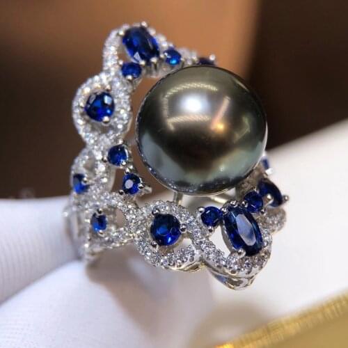 M131 Solid 925 Sterling Silver Round 11-12mm Nature Salt Water Black Culture Tahiti Pearls Rings for Women Fine Presents