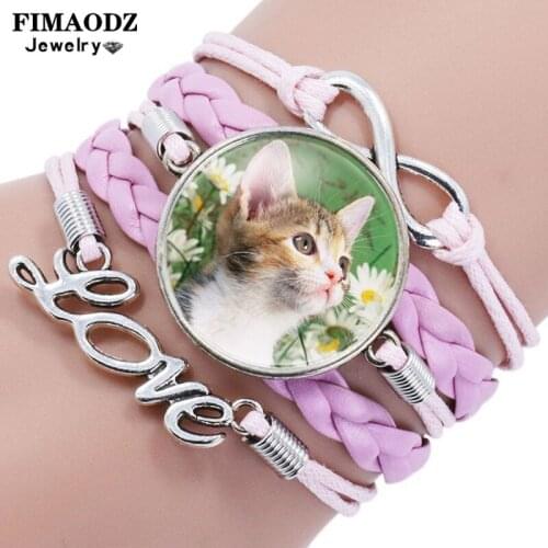 FIMAODZ Lovely Little Cat Flower Bracelet Cute Kitty Art Picture Infinity Multilayer Fashion Bangles for Pet Lovers