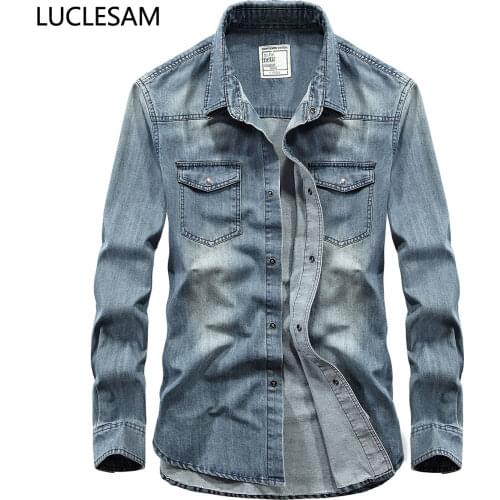 Mens Military Vintage Denim Shirt Casual Regular Fit Men Clothes with Pockets Long Sleeve Button Down Male Streetwear Jacket 4XL