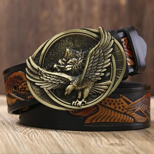 Western denim personality fashionable leather belt mens casual male eagle buckle carving craft belt