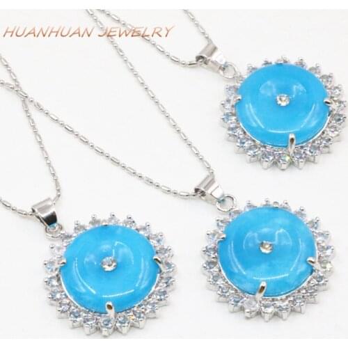 New Trendy Blue Stainless Steel Flat Round Pendant For Women 27mm Natural Jades Stone Necklaces & Pendants Chain Jewelry B3354