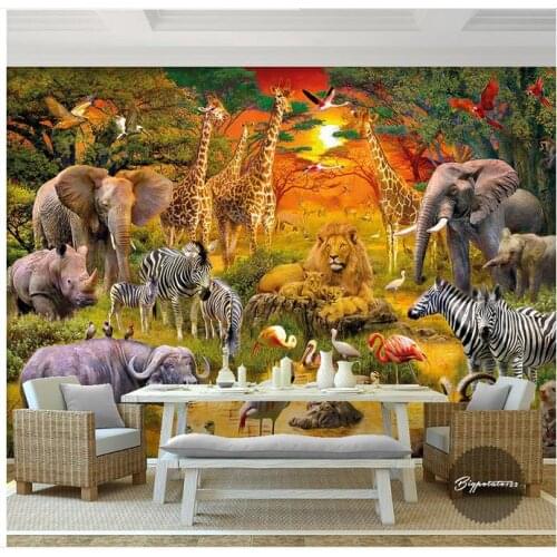 Custom photo wallpaper 3d wall murals wallpaper Sun exposure forest grass giraffe zebra elephant animal oil painting wall papers