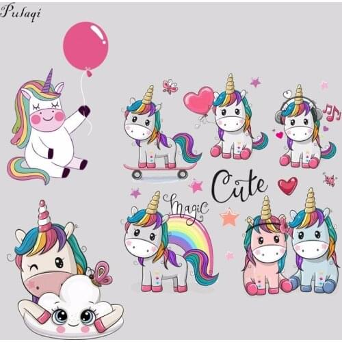 Pulaqi Cute Unicorn Couple Ballon Iron On Transfer Vinyl Patches Hug Clouds Cartoon Heat Thermal Transfer For Kids Clothes DIY F
