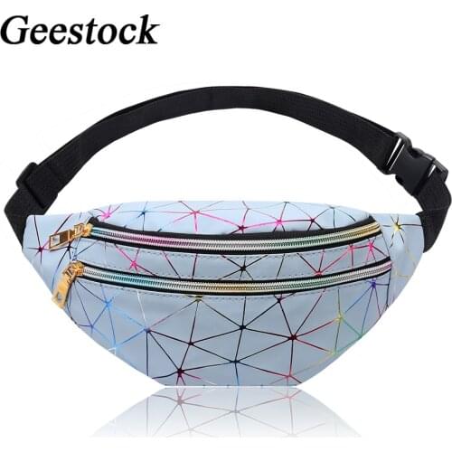 Geestock Holographic Waist Bag for Women Glitter Fanny Pack Waterproof Geometric Belt Bag Fashion Laser Waist Pack Phone Pouch