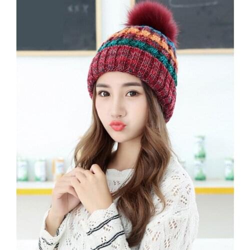 Spring Autumn Winter Knitted Warm Beanies Hats Fashion Lady Female Colorful Fur Pompom Stripe High Quality Thick Braided Cap