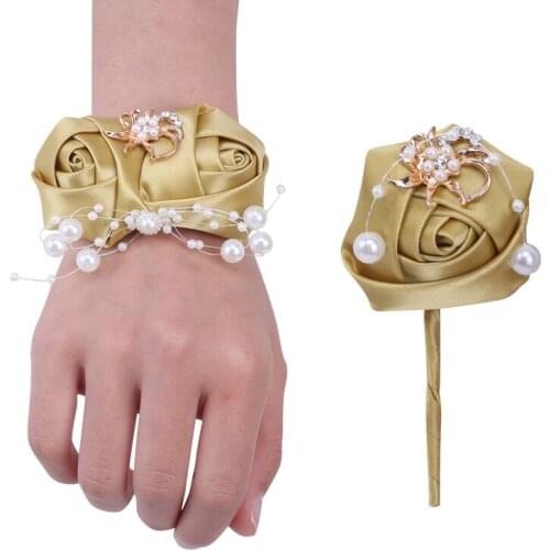Girls Wrist Corsage Dyed Ribbon Pearl Rhinestone Corsage Dress Accessories Bridesmaid Wrist Flower Set Wedding Supplies T5417-JY