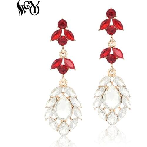 VEYO Crystal Long Earrings Brand Water Drop Elegant Earring Wholesale Alloy Gold Colors Blue Red