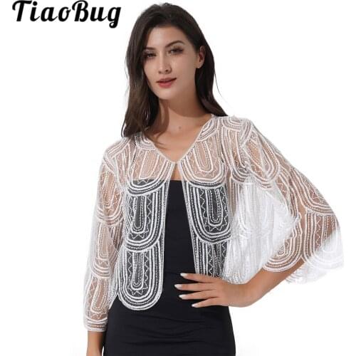 Women Sequin Hollow Lace Bolero Shawl Long Sleeve Shrug Cardigan Tops Wedding Jackets Bridal Wraps for Bride Dress Cover Ups