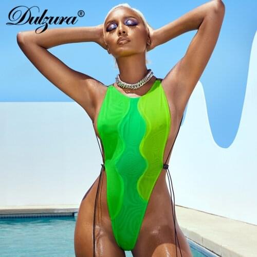 Dulzura Tie Dye Print Patchwork Women Sleeveless Mesh Thong Bodysuit Lace Up Bodycon Sexy Streetwear Beach Swimwear 2021 Summer