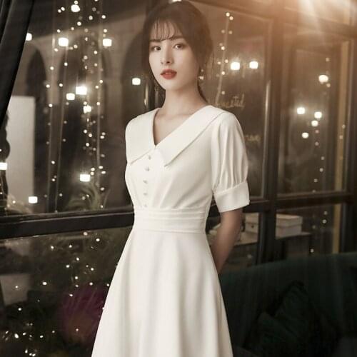 Womens Long A-line Prom Party Dress Elegant White Short Sleeve Dresses 2021 French Evening Dress