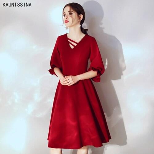 Cocktail Dresses Women Knee Length Elegant Party Dresses Half Sleeve V-Neck Solid Homecoming Gown Wine Red Cockatail Dress