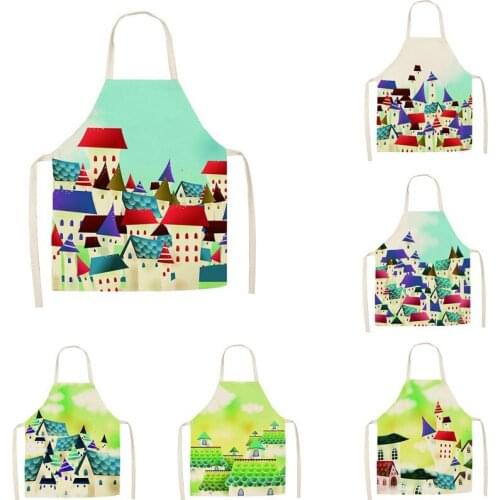 1Pcs Kitchen Apron Cartoon Village Building Printed Sleeveless Cotton Linen Aprons for Men Women Home Cleaning Tools 55*68cm