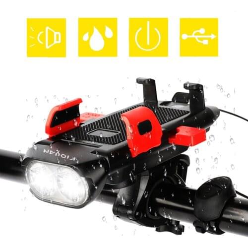 4 in 1 Bicycle Light Front Bike Horn Phone Holder USB Chargeable Cycling Flashlight MTB Headlight Bike Accessories as Power Bank