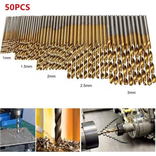 50pcs 1/1.5/2/2.5/3mm Titanium Coated Twist Drill Bits Set HSS Straight Shank Drill Bits Set For Woodworking 1-3mm